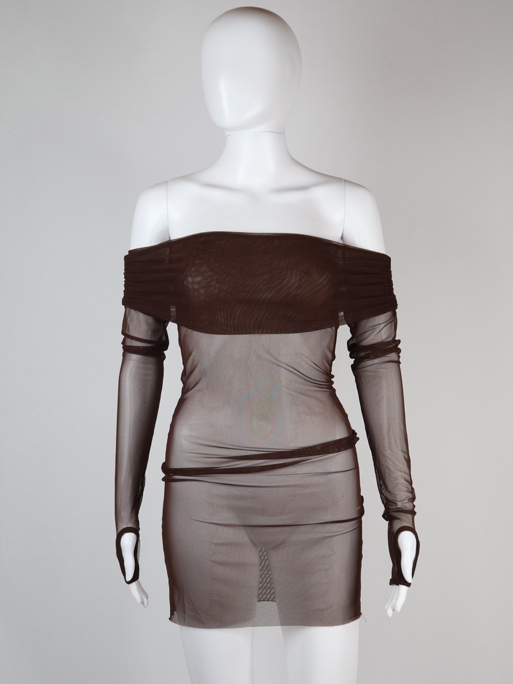 BANANHOT | Off-Shoulder Sheer Mesh Bodycon Dress in Brown